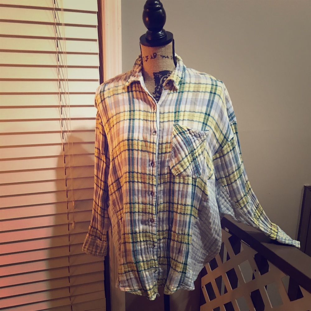 Free People Pastel Plaid Button Down Top Shirt